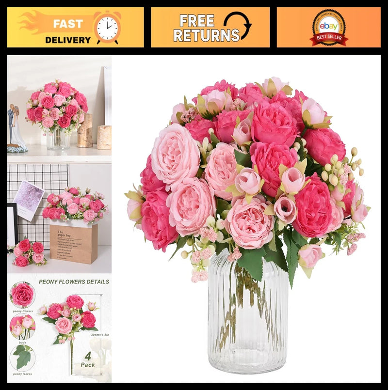 4 Packs Mixed Pink Artificial Peonies - Silk Flowers Bouquet for Wedding, Home D Peony