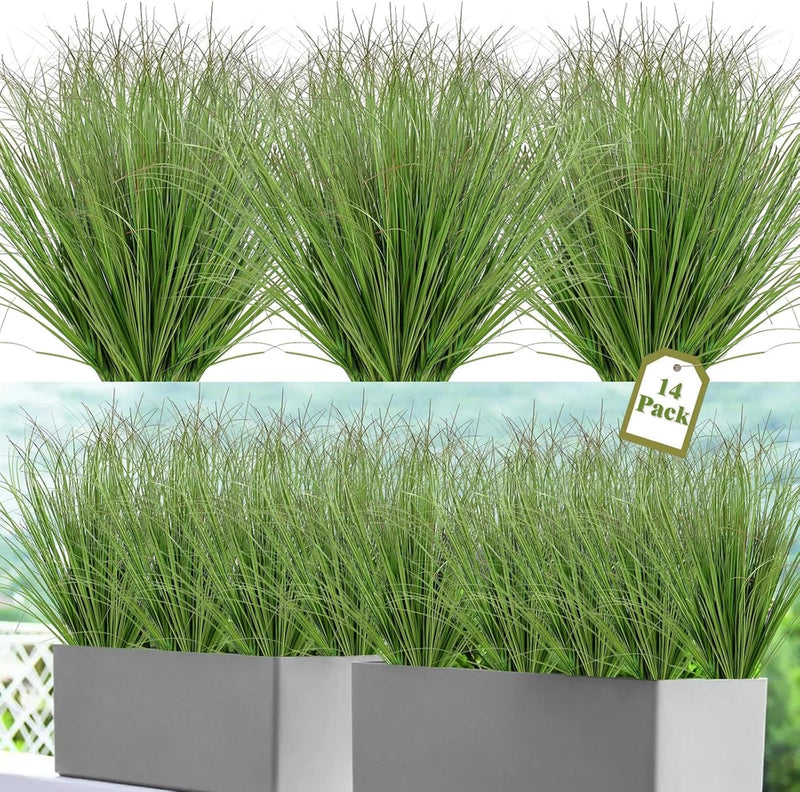 Set of 14 artificial onion grass plants, tall green faux grass clumps in a rectangular planter