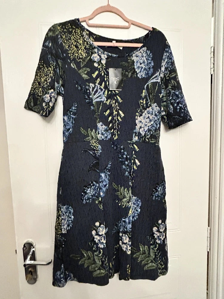 Next Hydrangea Floral Dress UK 12 BNWT Pockets Stretchy Winter Jersey Soft New Hydrangea