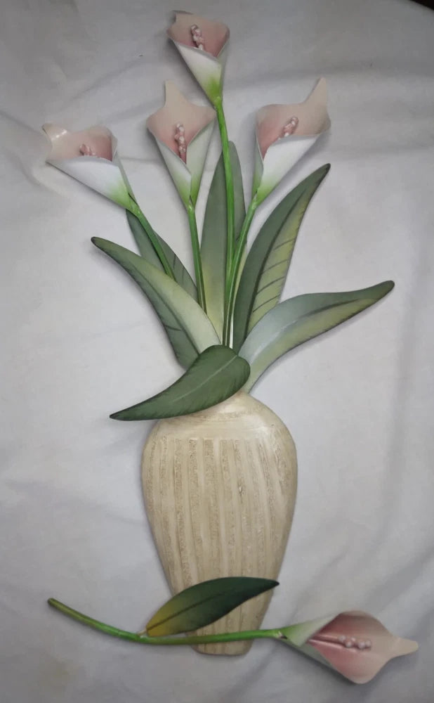 Calla lily metal wall hanging with green leaves and beige wood vase base