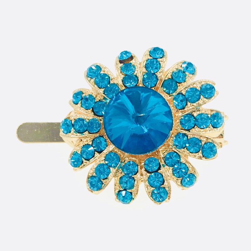 Blue rhinestone sunflower magnet hair clip with gold-tone metal barrette, crystal center