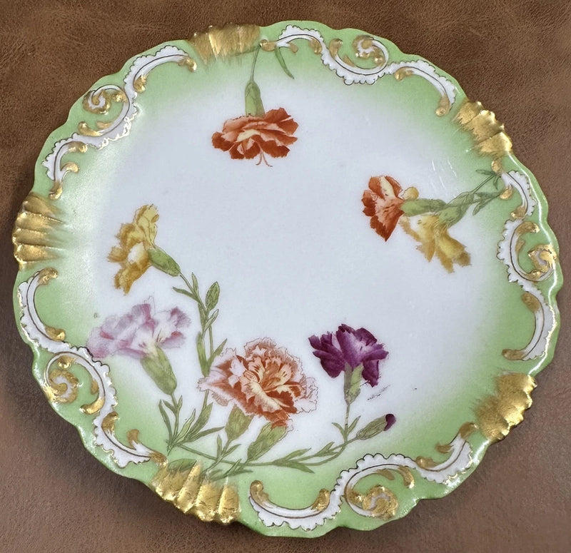 Limoges France Tressemann Vogt Antique Plate Green Gold Hand Painted T&V Carnation