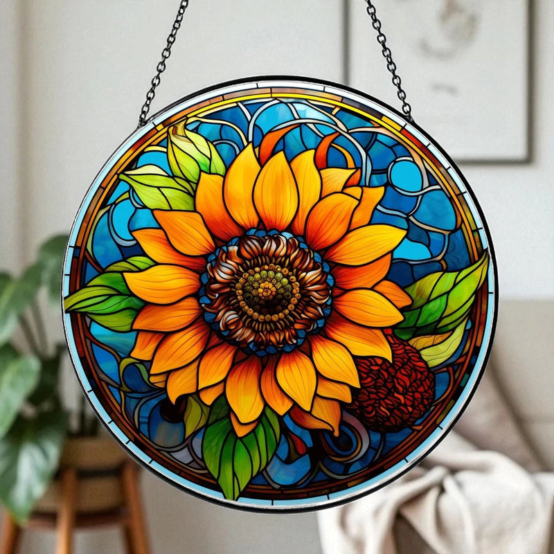 Sunflower stained-glass round window hanging decor with yellow petals and hanging chain.