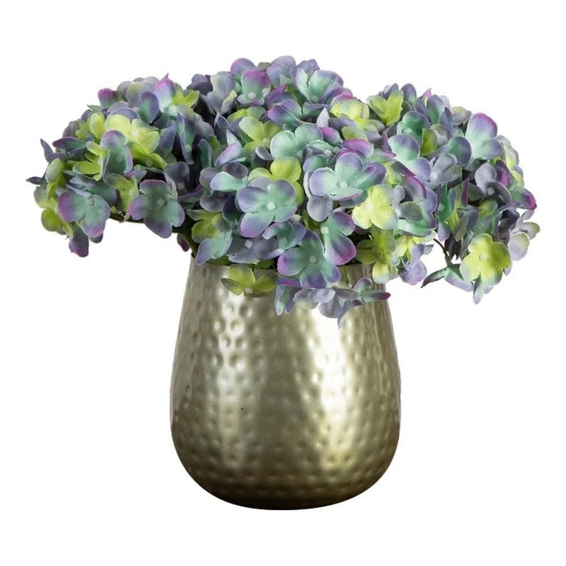Nearly Natural 11" Artificial Hydrangea Arrangement in Gold Metal Vase in Blue Hydrangea