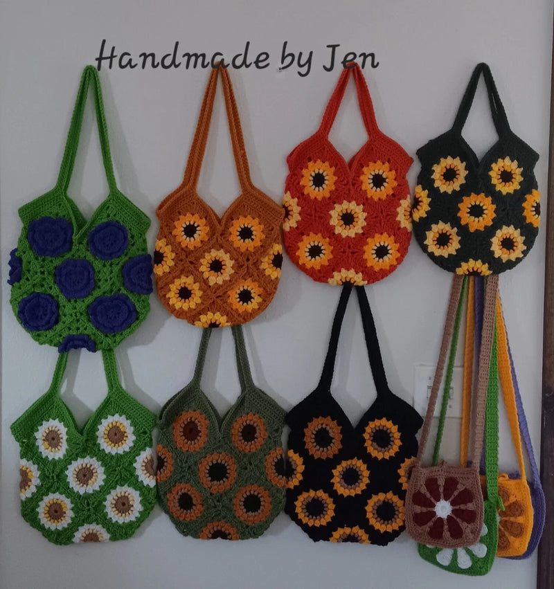 NEW HANDMADE BY JEN 3D FLOWERS SUNFLOWER CROCHET TOTE PURSE PICK ONE Sunflower