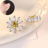 Silver Yellow CZ Women Elegant Stud Earrings Jewellery Sun Flower Daisy Sunflower