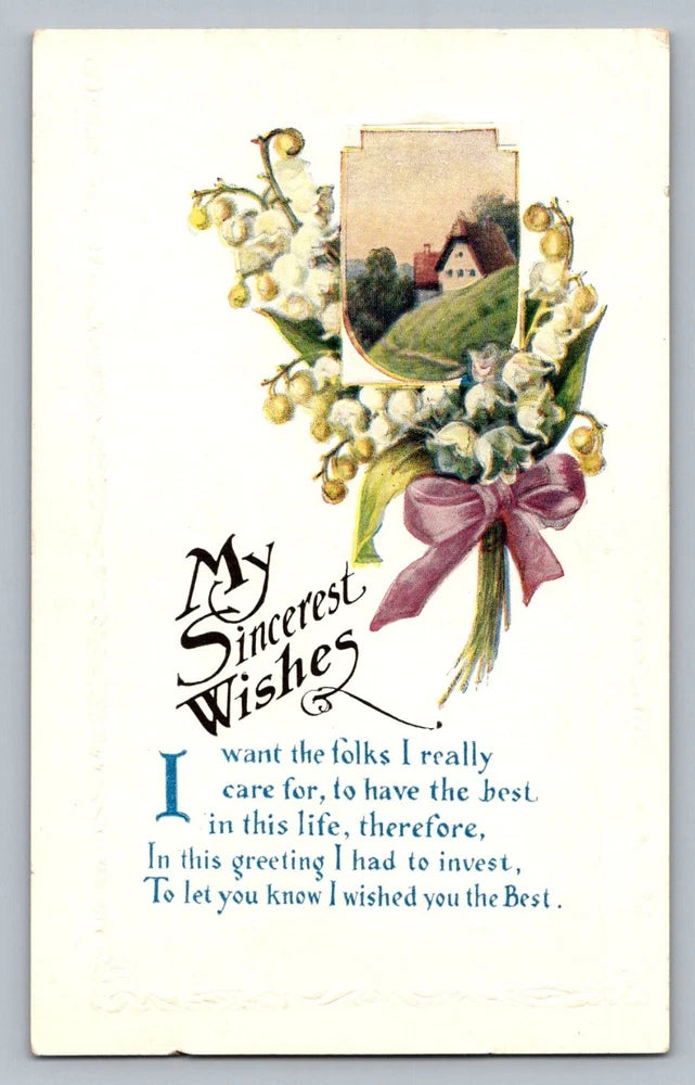 Vintage Embossed Lily of the Valley Cottage My Sincerest Wishes Postcard Lily