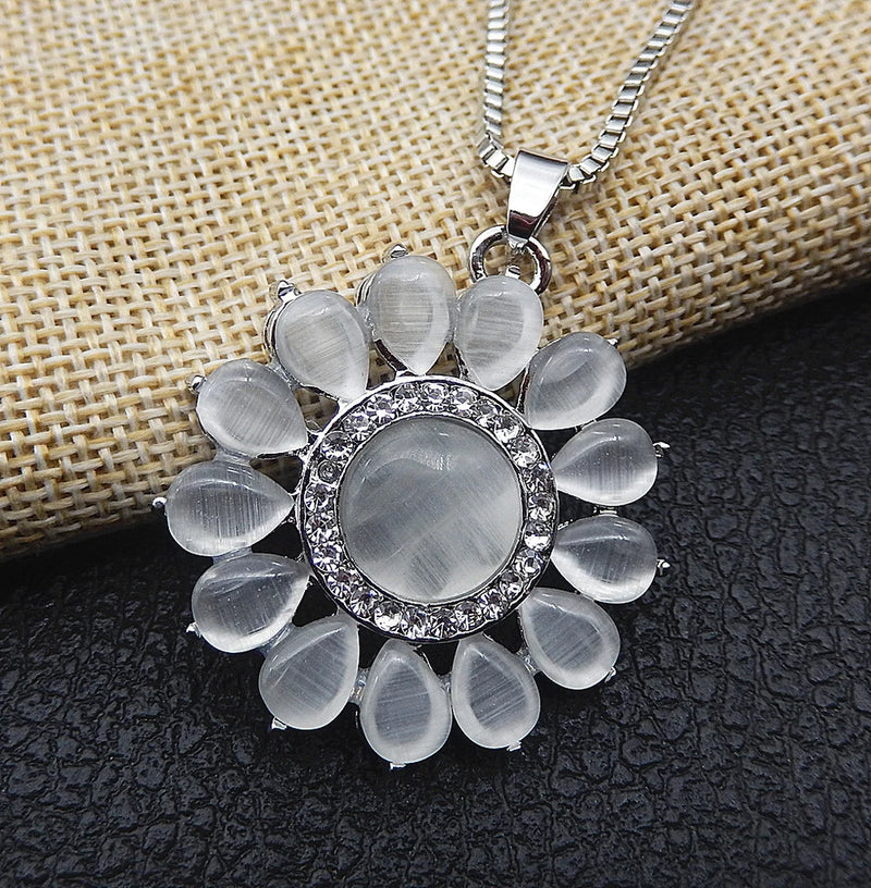 Women's White Opal Crystal Sunflower Pendant Long Chain Necklace Sunflower