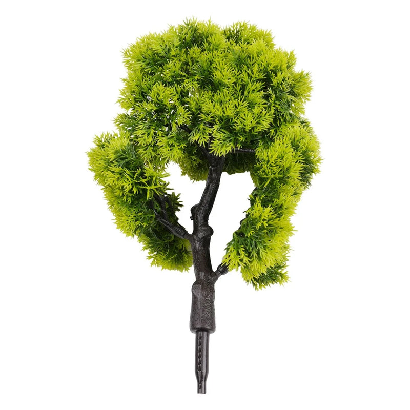 Artificial potted bonsai tree with dense bright green foliage and dark trunk