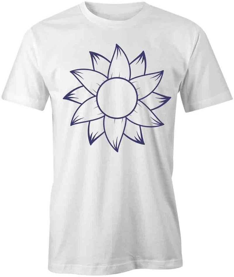 White cotton T-shirt with blue sunflower graphic