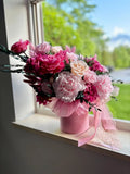 Preserved Flower Bouquet in Pink  Raspberry Hat Box, Real Flowers, Lasts 1+ Year Hydrangea