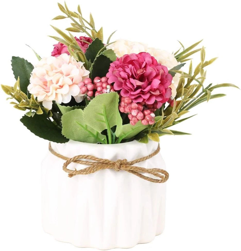 Artificial Hydrangea Bouquet with Small Ceramic Vase Fake Silk Variety White Hydrangea