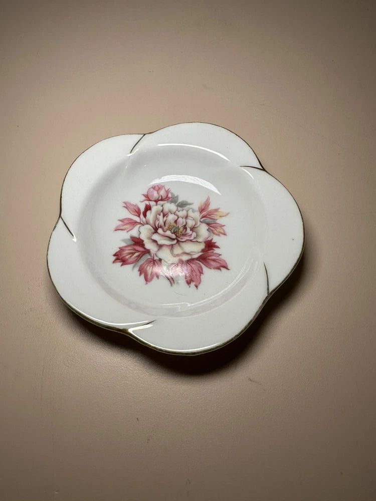 Fuji China Japan Saucer Plate Peony Ruffled Wide Border Trinket Dish Flower Peony