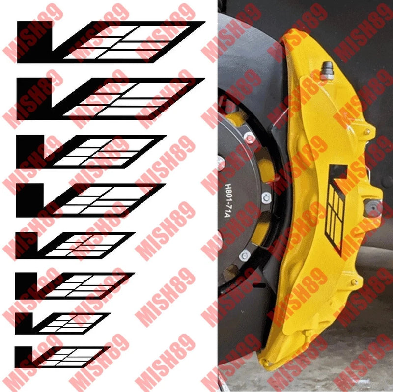 Brake caliper decal sticker set, black and white striped design on yellow caliper