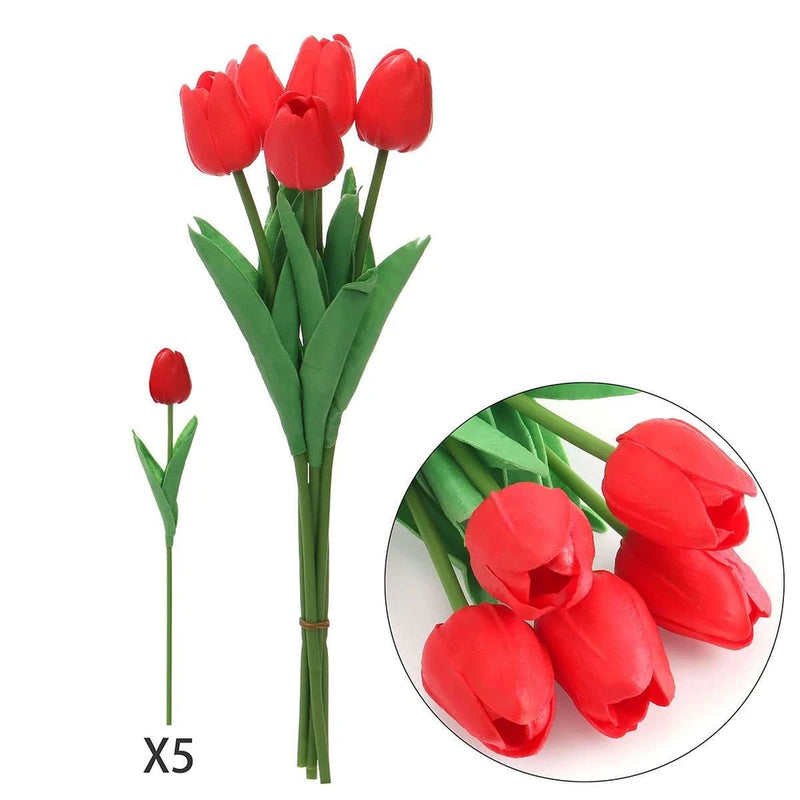 Artificial tulip bouquet, red tulips with green stems and leaves, close-up inset
