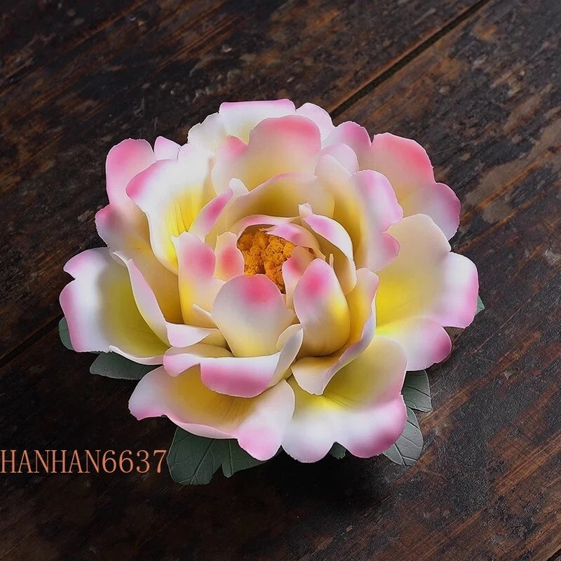 Handmade ceramic peony flower statue ornament, large pink and yellow petals