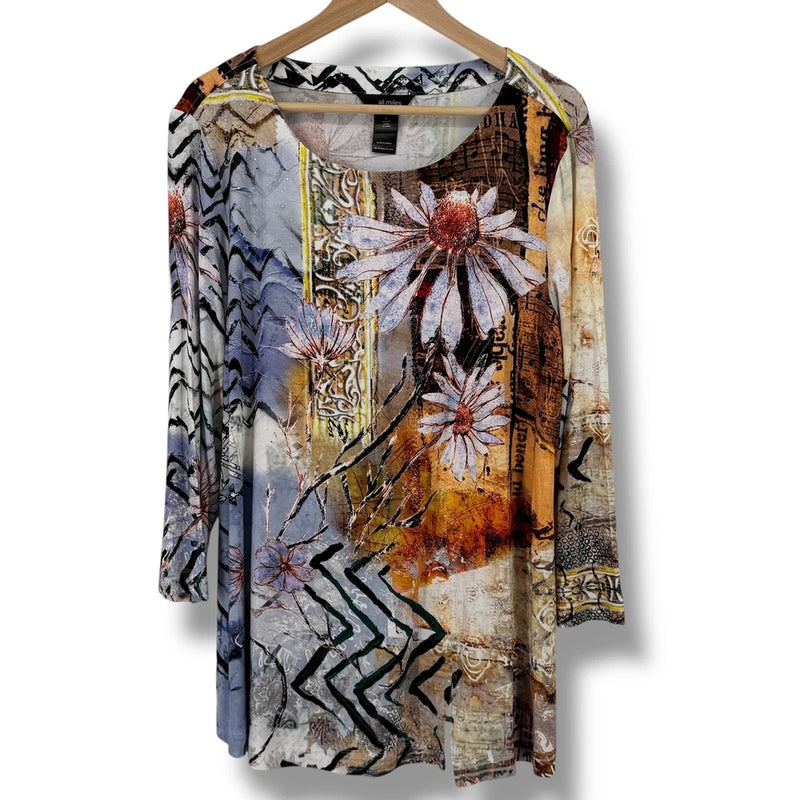 Floral tunic top with long sleeves, multicolor abstract sunflower and daisy print