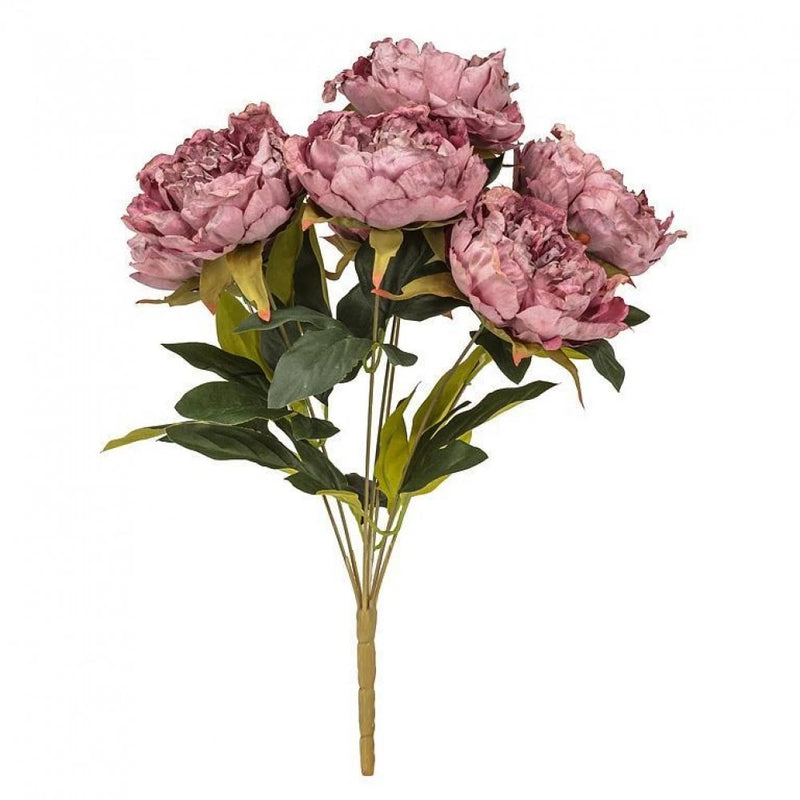 Artificial pink peony bouquet with seven open blooms, green leaves, and bundled stems.