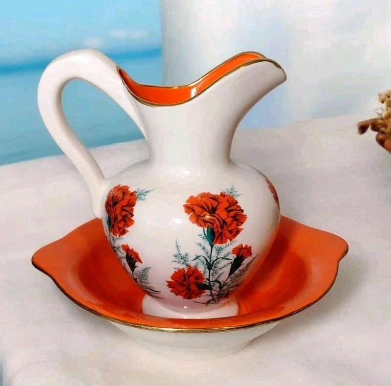 Vintage Carnation Washbasin Pitcher Set Handmade Nancy Fore Ceramics Cottage Carnation