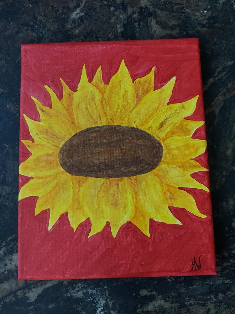 Hand-painted acrylic sunflower canvas painting with yellow petals and dark center