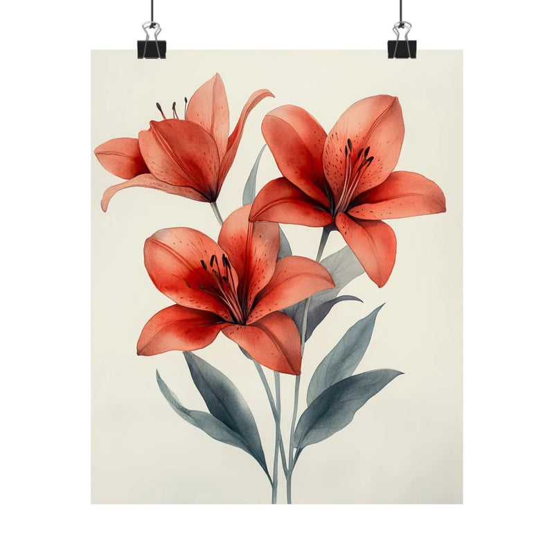 Red lily flower art print poster with three orange-red blooms and green leaves