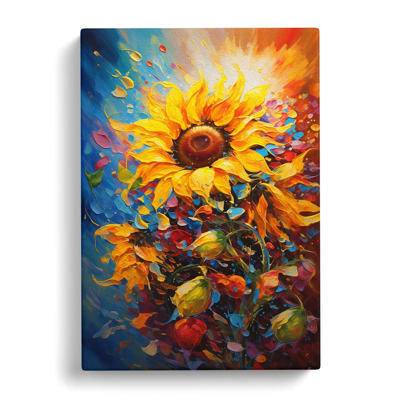 Framed canvas wall art print with vibrant yellow sunflower and colorful abstract petals