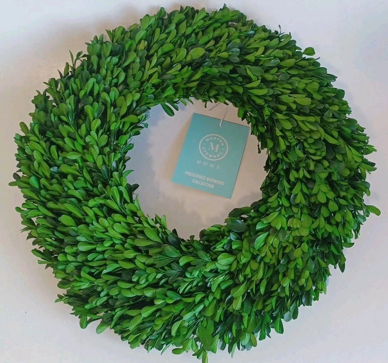 16-inch preserved boxwood wreath with dense green leaves, round door decor