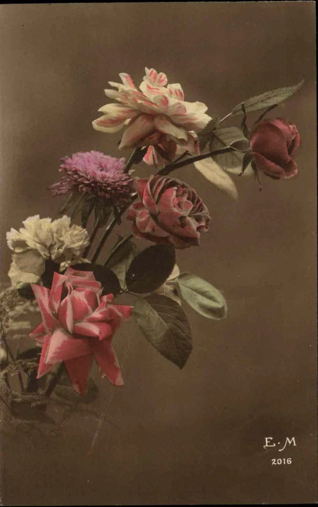 Vintage floral postcard with tinted rose and carnation bouquet, pink and cream