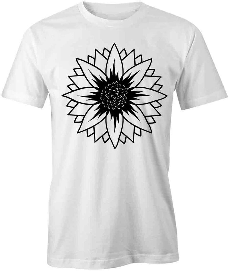 White cotton short-sleeve T-shirt with large black sunflower line graphic