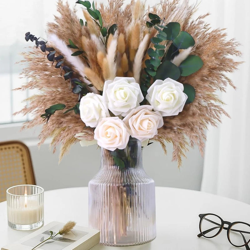 120Pcs Artificial Roses & Natural Pampas Grass, 17" Boho Mixed Dried Flower B... Pampas Grass