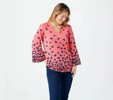 Belle by Kim Gravel Butterfly Print Knit Top Shirt Coral XS New Roses