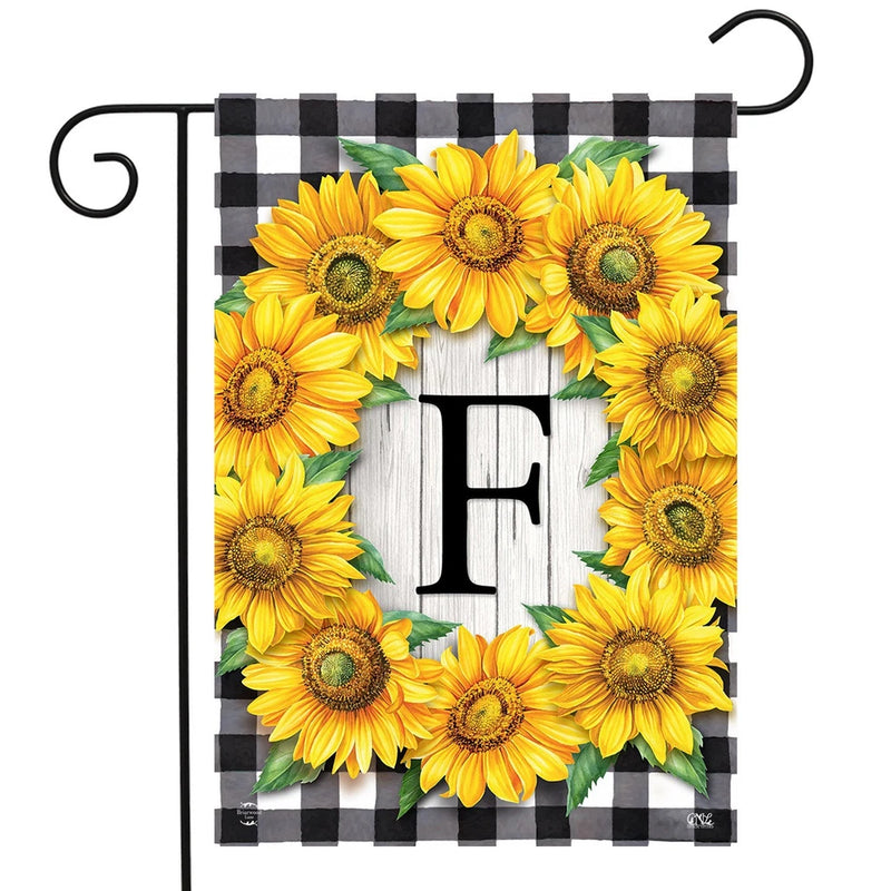 Sunflower garden flag with circular sunflower wreath and monogram letter F