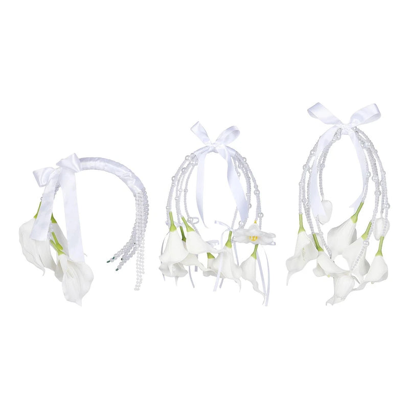 Faux silk calla lily bridal flower garland with white ribbons and beaded strands
