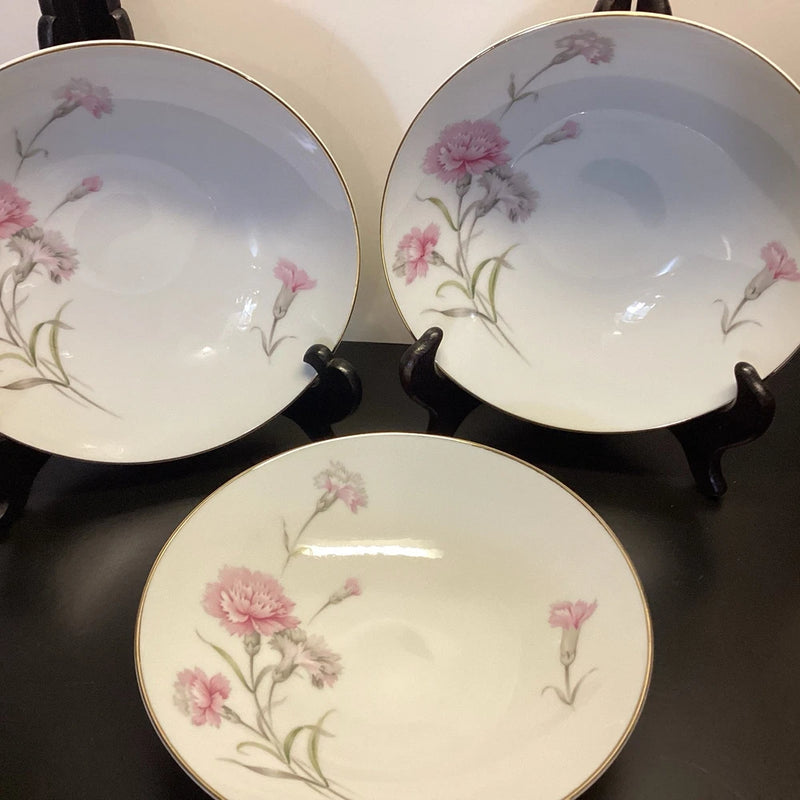 Royal Court Pink Carnations Fine China Japan 3 Coupe Soup Bowls 7" W/ Gold Trim Carnation