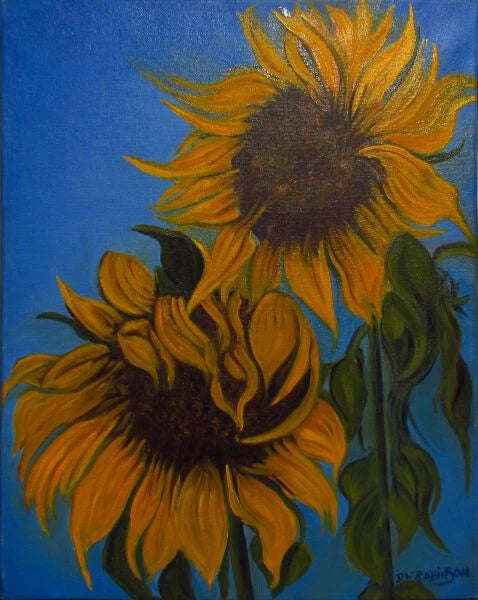 original sunflower oil painting on canvas, blue sky background, contemporary art Sunflower