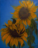 original sunflower oil painting on canvas, blue sky background, contemporary art Sunflower