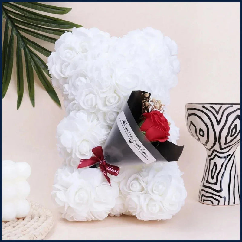White foam rose teddy bear bouquet with red rose and satin ribbon