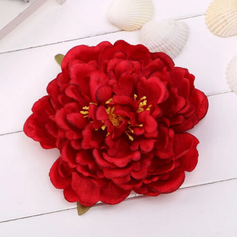 Artificial peony flower hair clip with red layered petals and gold pin