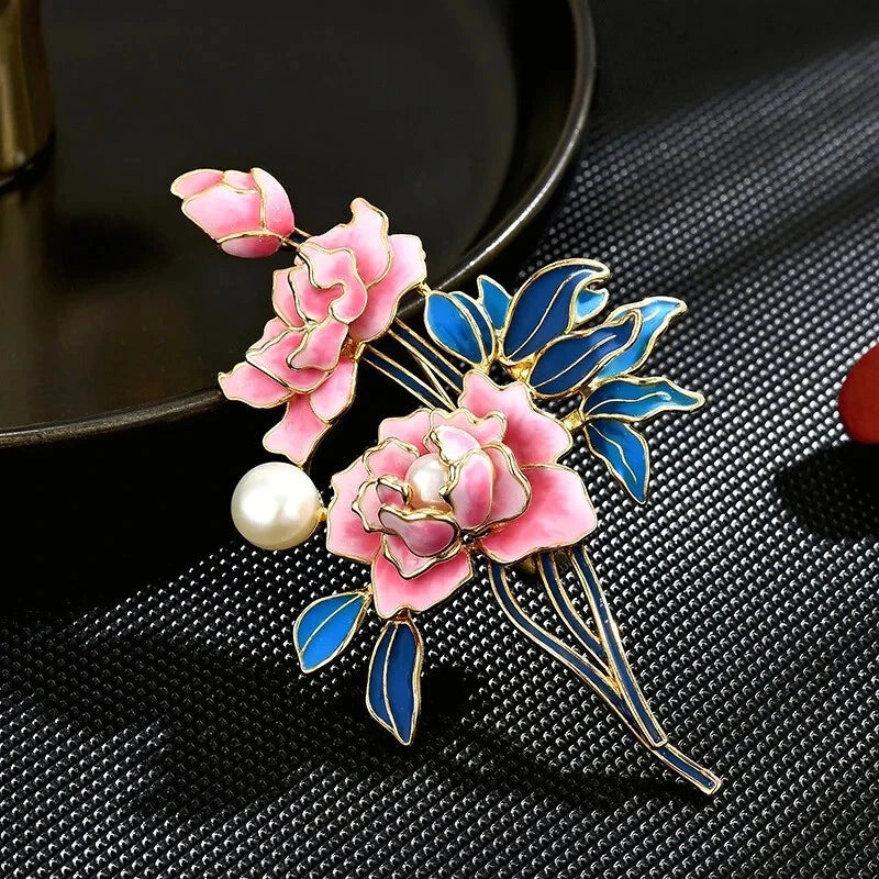 Exquisite Peony Flower Brooch Enamel Crystal Rhinestone Party Coat Pin Gift Peony
