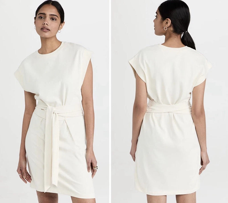 Vince Short Sleeve Dress with Tie Waist Cotton Dress Off White, Sz L, NWT Pampas Grass
