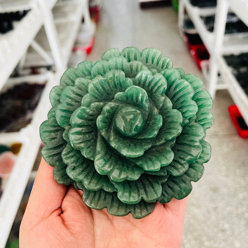 Green aventurine quartz carved peony flower crystal ornament