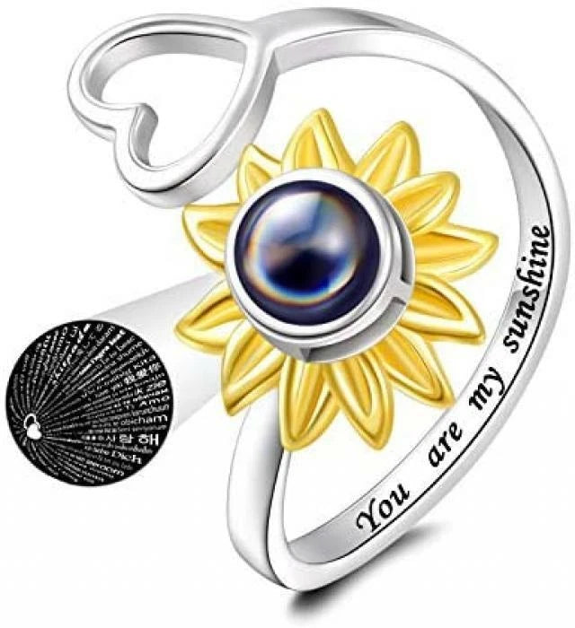 Sterling silver adjustable sunflower ring with blue round center and engraved sunshine text