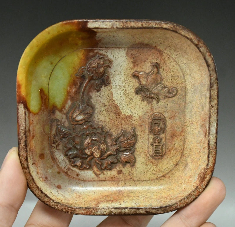 4.3"Hongshan Culture Old Jade Carved Peony Flower Butterfly Tray Dish Plate Peony