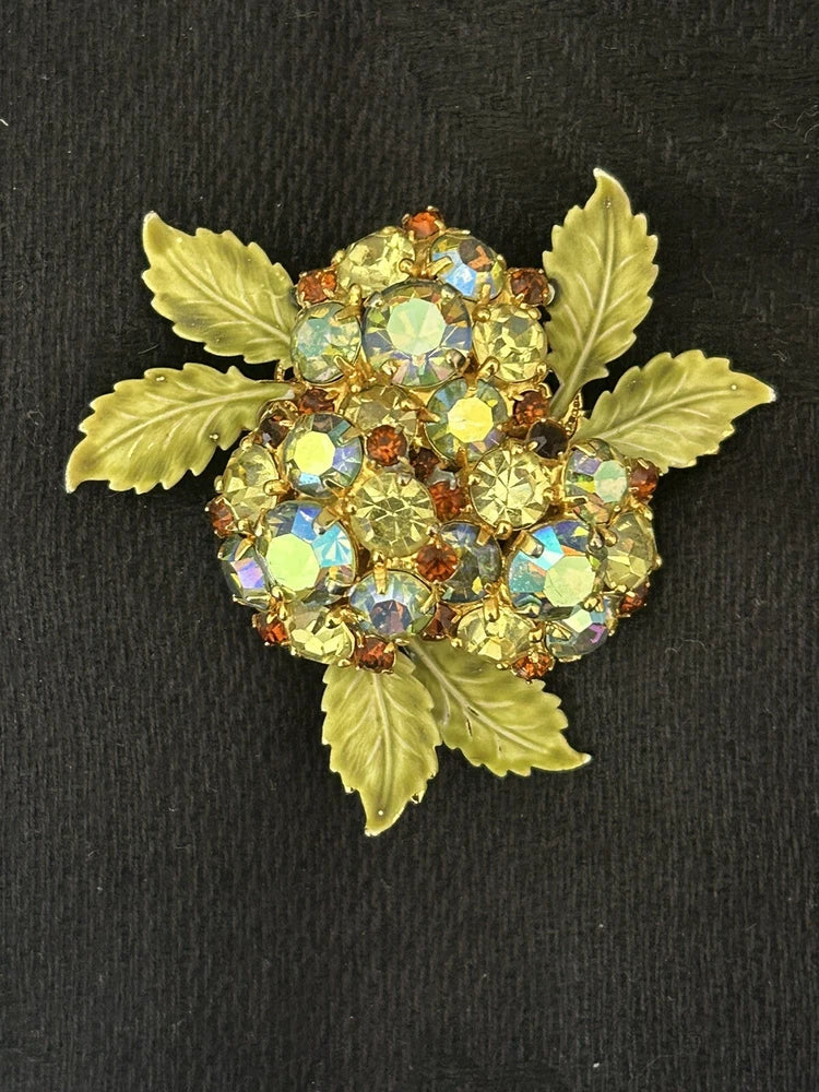 Vintage Gorgeous Flower Brooch Hydrangea Aurora Borealis Rhinestone Enamel Hydrangea