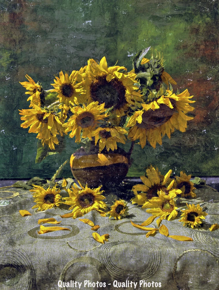 Sunflower bouquet photo print with vase, yellow blooms and scattered petals
