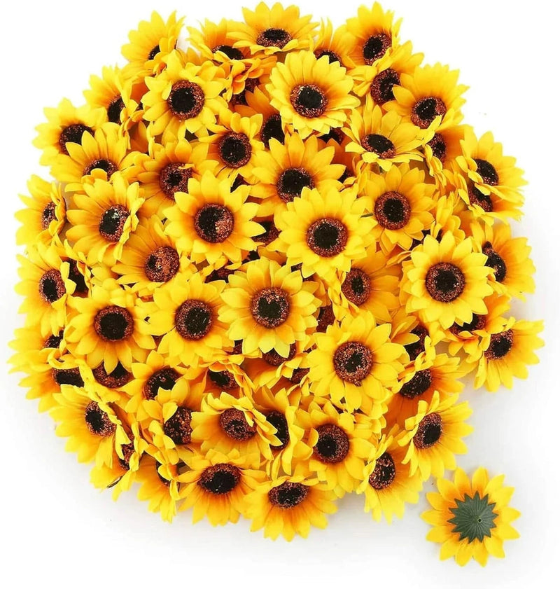 Set of 100 artificial sunflower heads in yellow with dark brown centers