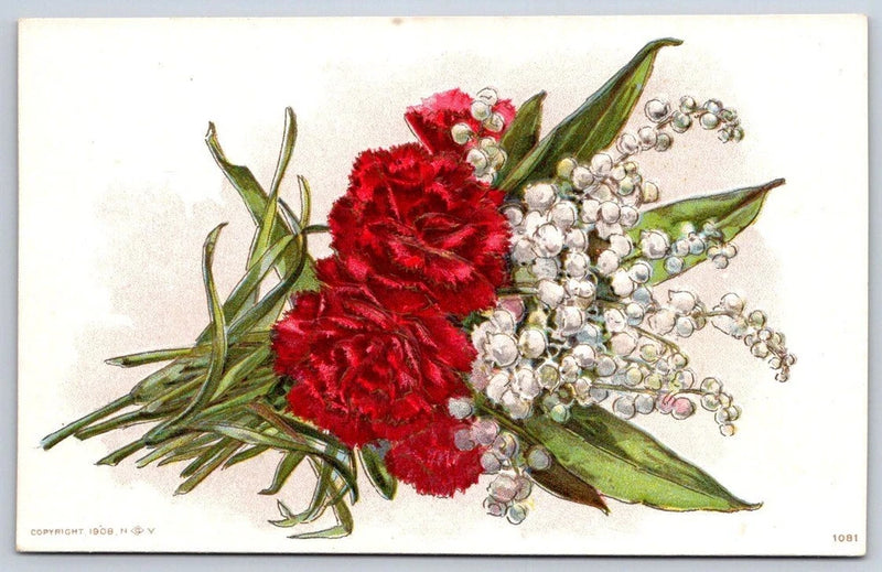 Floral postcard illustration with red carnation blossoms and white lily of the valley sprigs