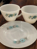 Fire King  Oven Ware Bonnie Blue Flower Carnation Vtg. coffee 2 Cups / 2 Saucers Carnation