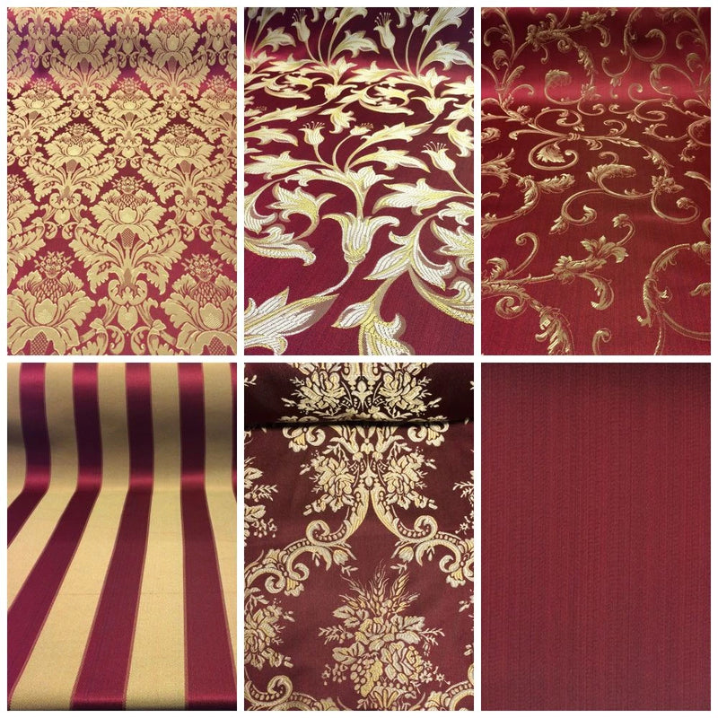 Burgundy/Gold Damask Jacquard Brocade Fabric 118" By the Yard Many Design Flowering Plants