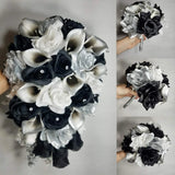 Silver Black White Rose Calla Lily Bridal Wedding Bouquet Accessories Bouquet